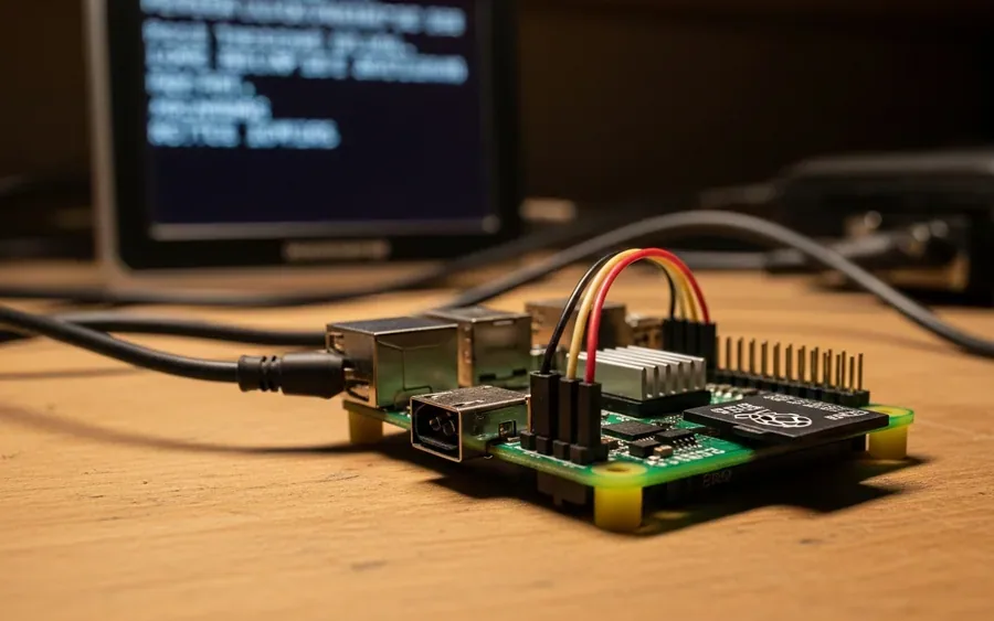 Raspberry Pi 3B+ на робочому столі з безглуздим текстом на екрані
