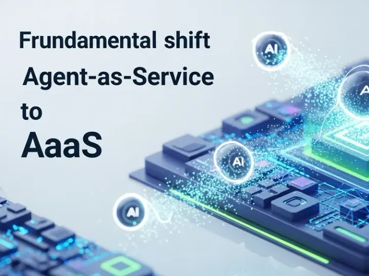 Концептуальна ілюстрація переходу від SaaS до AaaS, де абстрактні AI-агенти взаємодіють з безпечною цифровою інфраструктурою.
