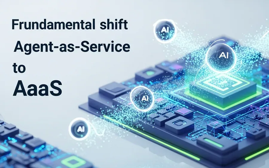 Концептуальна ілюстрація переходу від SaaS до AaaS, де абстрактні AI-агенти взаємодіють з безпечною цифровою інфраструктурою.