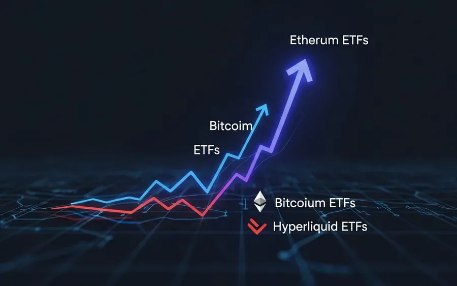 Концептуальна ілюстрація, що показує приплив коштів в Ethereum ETF та відтік з Hyperliquid ETF