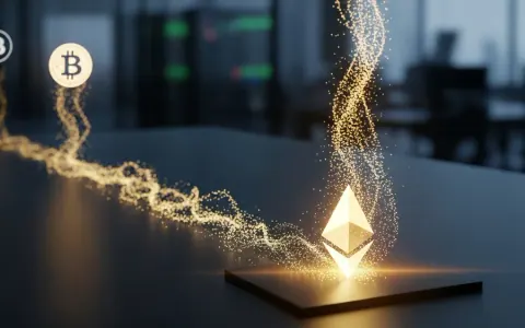 Стилізоване зображення потоку капіталу, що вливається в символ Ethereum, з меншим потоком, що прямує до символу Bitcoin, на сучасному фінансовому фоні.