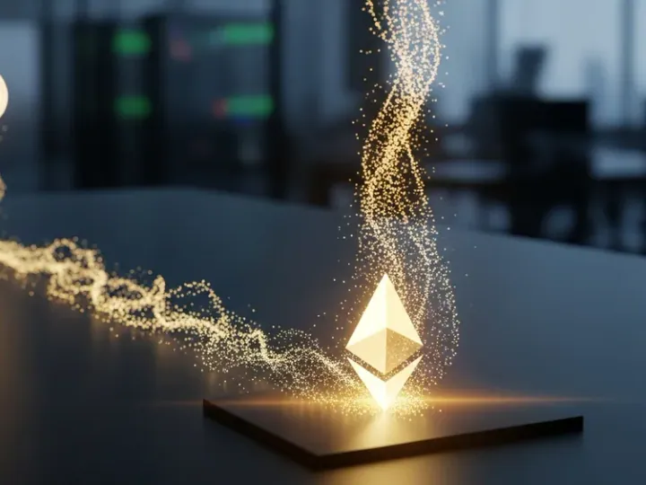 Стилізоване зображення потоку капіталу, що вливається в символ Ethereum, з меншим потоком, що прямує до символу Bitcoin, на сучасному фінансовому фоні.