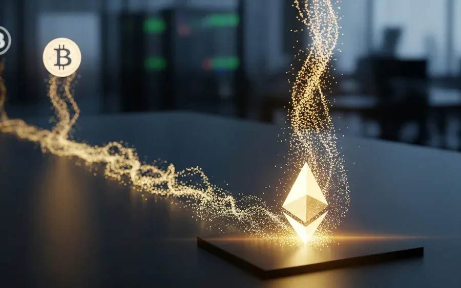 Стилізоване зображення потоку капіталу, що вливається в символ Ethereum, з меншим потоком, що прямує до символу Bitcoin, на сучасному фінансовому фоні.