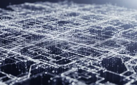 Концептуальна ілюстрація, що зображує децентралізовану мережу Ethereum як складну цифрову структуру з взаємопов'язаними вузлами та лініями.