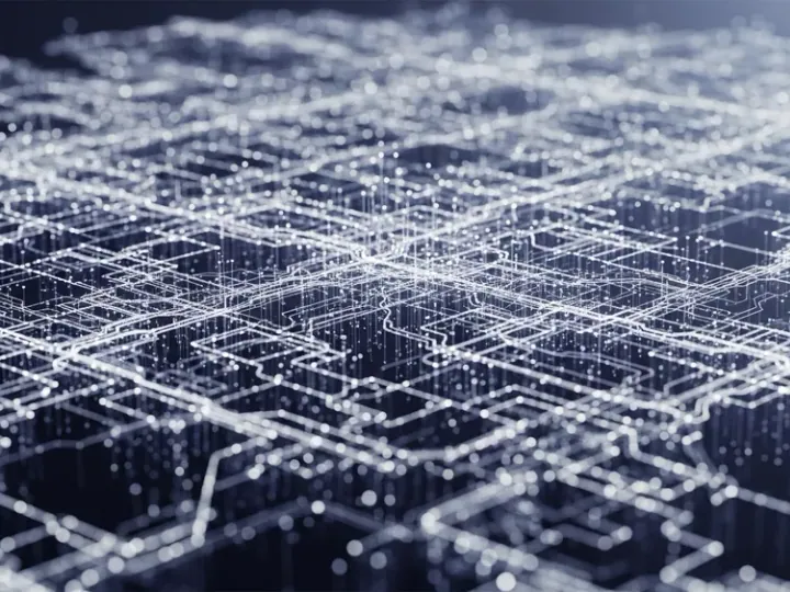 Концептуальна ілюстрація, що зображує децентралізовану мережу Ethereum як складну цифрову структуру з взаємопов'язаними вузлами та лініями.