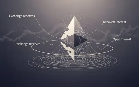 Концептуальна ілюстрація, що зображує динаміку ринку Ethereum з абстрактним логотипом, що знаходиться під тиском, оточеним візуалізаціями зниження резервів та відновлення відкритого інтересу.
