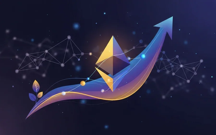 Концептуальна ілюстрація, що зображує зростання та еволюцію Ethereum як цифрового активу та блокчейн-мережі.