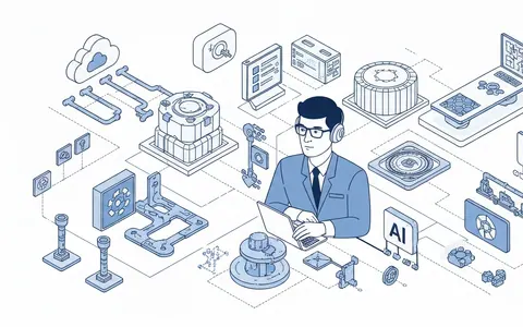 Ілюстрація, що зображує інженера розгортання (FDE) у центрі, оточеного взаємопов'язаними технологіями: хмарною інфраструктурою, потоками даних, інструментами штучного інтелекту та елементами DevOps, що символізують наскрізну доставку.