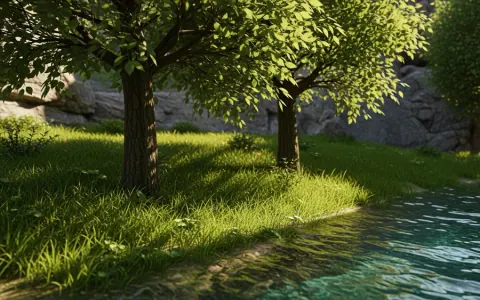 Деталізований віртуальний ландшафт з фан-ремейку Banjo-Kazooie на Unreal Engine 5, що демонструє реалістичну траву, об'ємні дерева та чисту воду.