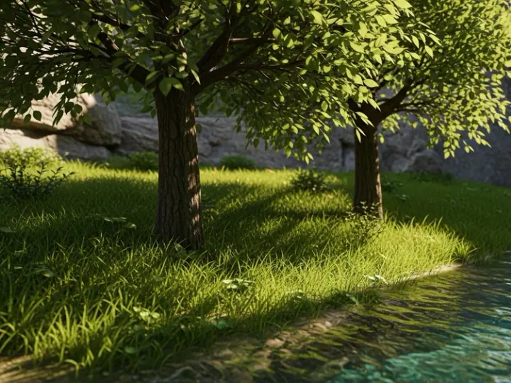 Деталізований віртуальний ландшафт з фан-ремейку Banjo-Kazooie на Unreal Engine 5, що демонструє реалістичну траву, об'ємні дерева та чисту воду.