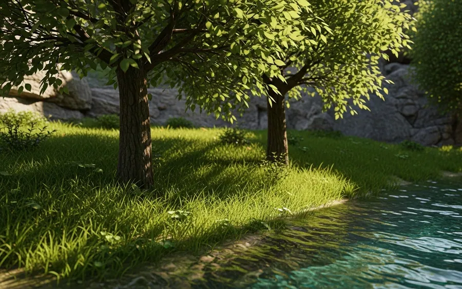 Деталізований віртуальний ландшафт з фан-ремейку Banjo-Kazooie на Unreal Engine 5, що демонструє реалістичну траву, об'ємні дерева та чисту воду.