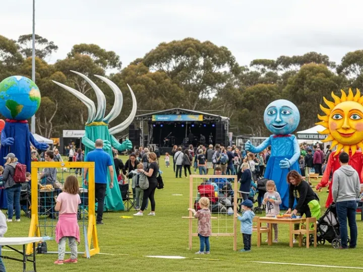 Фестиваль Mighty Kindness Hoot на полі Jubilee Field з інтерактивним мистецтвом та гігантськими ляльками
