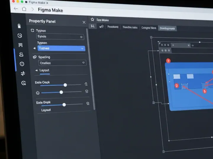 Екран комп'ютера з інтерфейсом Figma Make, що показує панель властивостей та анотації на дизайні.