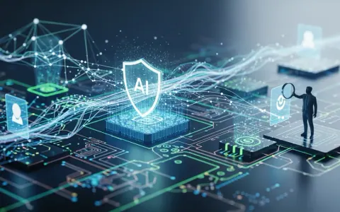 Концептуальна ілюстрація штучного інтелекту, що сканує та захищає цифрову інфраструктуру