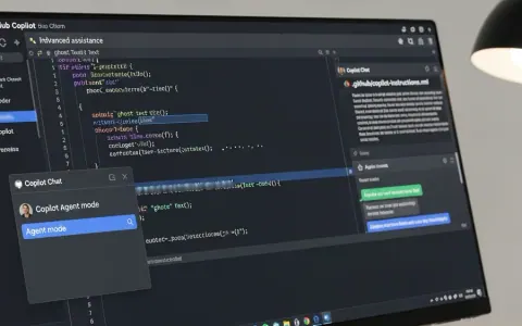 Інтерфейс Visual Studio Code з активним GitHub Copilot, що показує код Python, відкритий чат у режимі агента та файл інструкцій .github/copilot-instructions.md