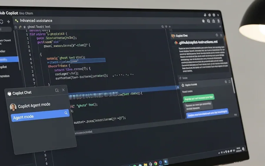 Інтерфейс Visual Studio Code з активним GitHub Copilot, що показує код Python, відкритий чат у режимі агента та файл інструкцій .github/copilot-instructions.md