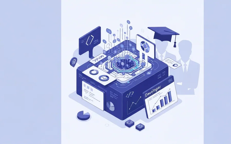 Ілюстрація, що символізує магістерську програму з Data Science та Business Analytics, із зображенням потоків даних, графіків, елементів штучного інтелекту та бізнес-аналітики.