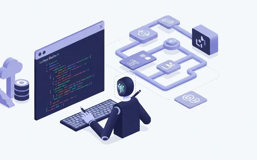 Ілюстрація, що зображує інтегровану платформу Hopsworks 5.0 з кодуючим агентом, який взаємодіє з терміналом, символізуючи автоматизацію розробки ШІ та даних.
