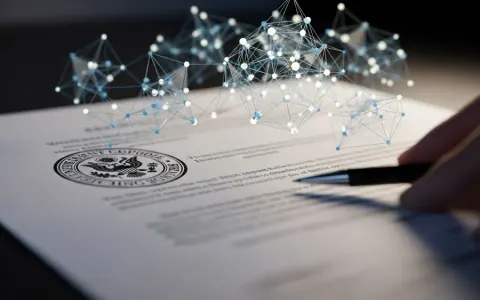 Концептуальне зображення децентралізованої мережі зв'язку з офіційним документом на передньому плані