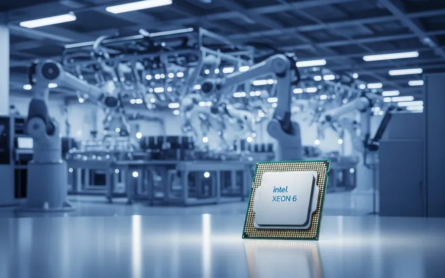 Процесор Intel Xeon на тлі виробничої лінії заводу з виробництва чипів.