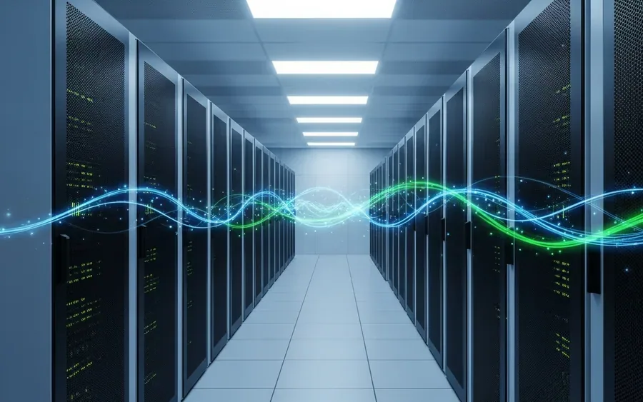 Сучасна серверна кімната центру обробки даних Microsoft Azure з рядами серверних стійок та абстрактними світловими слідами, що символізують потік даних.