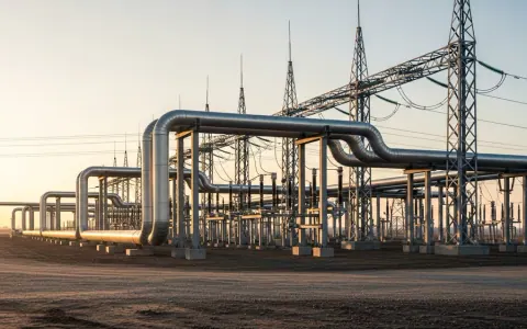 Сучасна інфраструктура передачі електроенергії або газопроводу на заході сонця