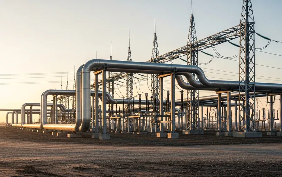 Сучасна інфраструктура передачі електроенергії або газопроводу на заході сонця