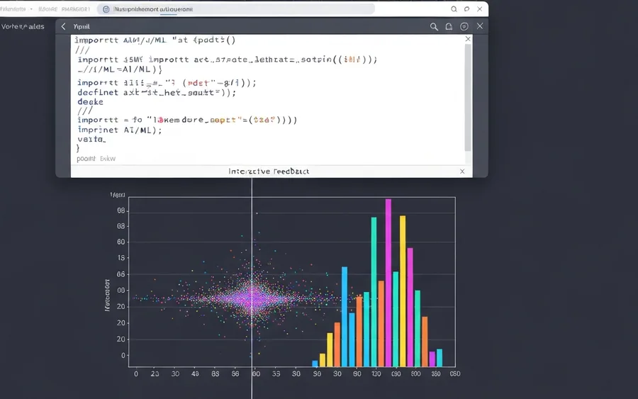 Ілюстрація, що показує інтерактивне середовище Jupyter Notebook з кодом Python для машинного навчання та візуалізацією даних, що відображається поруч.