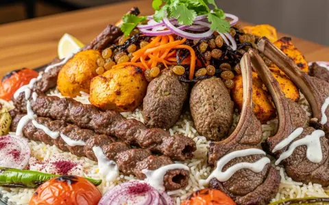 Гігантська афганська м'ясна таця з рисом, кебабами, кофтою, баранячими відбивними, морквою, родзинками та білим соусом