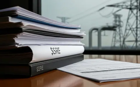 Фінансові документи на столі з розмитим зображенням енергетичної інфраструктури на задньому плані.