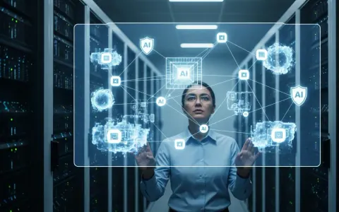 CISO розглядає голографічну проєкцію мережі AI-агентів у дата-центрі, де деякі агенти виглядають неконтрольованими.