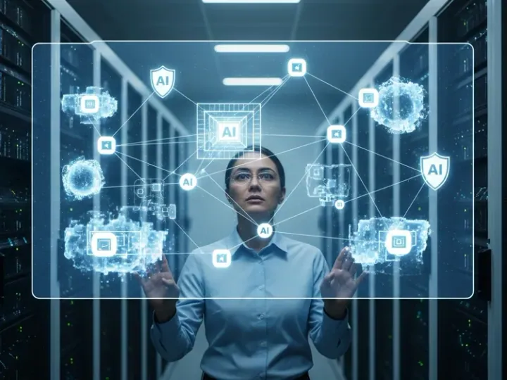 CISO розглядає голографічну проєкцію мережі AI-агентів у дата-центрі, де деякі агенти виглядають неконтрольованими.