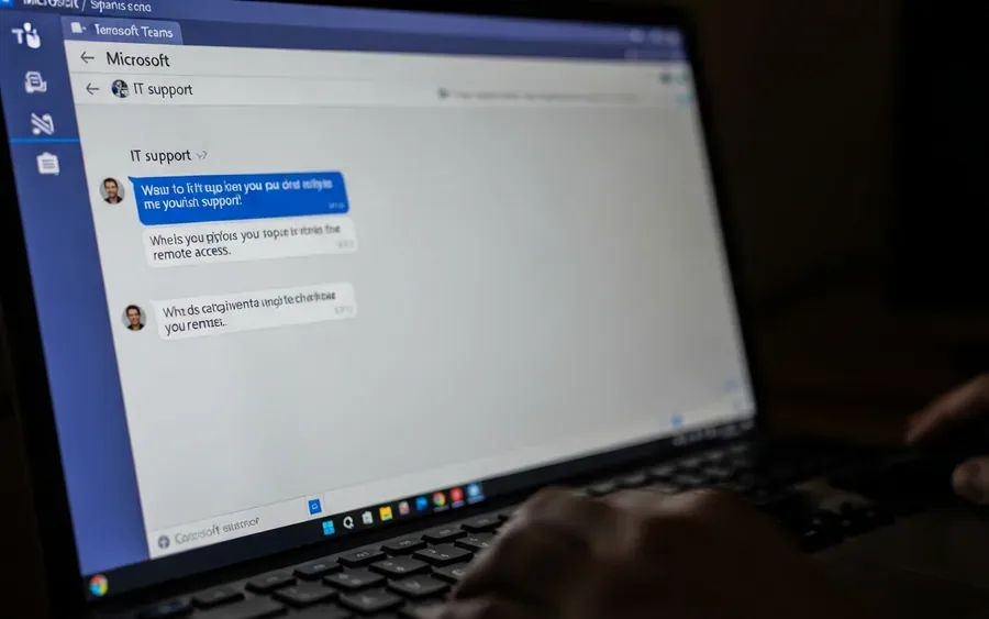 Екран комп'ютера з вікном чату Microsoft Teams, що імітує повідомлення від IT-підтримки