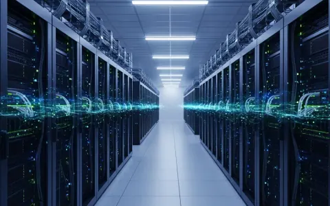Сучасний центр обробки даних з рядами серверних стійок, освітлених синіми та зеленими світлодіодами.