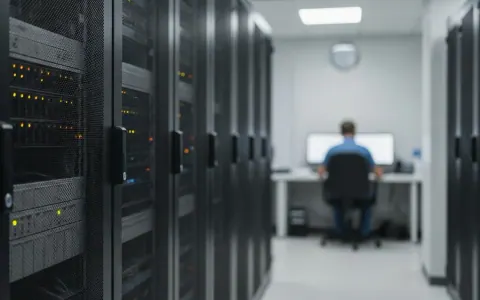 Серверна кімната лікарні з індикаторними вогнями, що вказують на мережевий збій, та розмитою фігурою ІТ-спеціаліста на задньому плані.