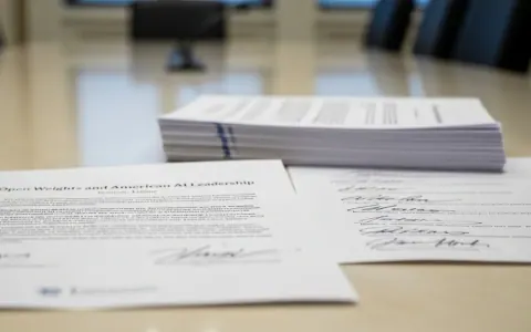 Редакційна фотографія листа «Open Weights and American AI Leadership» з численними підписами на столі