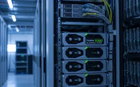Серверна стійка з високопродуктивними GPU NVIDIA B300 Blackwell Ultra в центрі обробки даних AWS