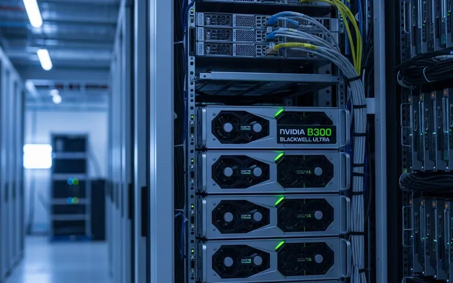 Серверна стійка з високопродуктивними GPU NVIDIA B300 Blackwell Ultra в центрі обробки даних AWS