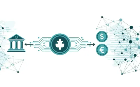 Концептуальна ілюстрація, що показує криптовалюту як фінансову інфраструктуру, з абстрактними лініями та вузлами, що з'єднують традиційні фінансові символи зі стейблкоїном у центрі.