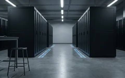 Порожній коридор серверної кімнати дата-центру з рядами стійок і стриманим синім освітленням