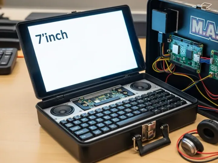 Відкритий вінтажний ланчбокс M.A.S.K., перетворений на кібердек з Raspberry Pi 5 та сенсорним екраном