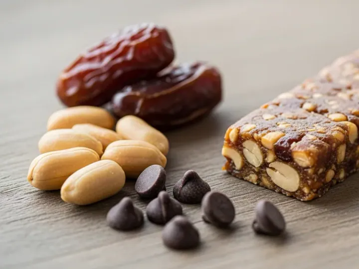 Батончик Larabar Peanut Butter Chocolate Chip з основними інгредієнтами на дерев'яній поверхні