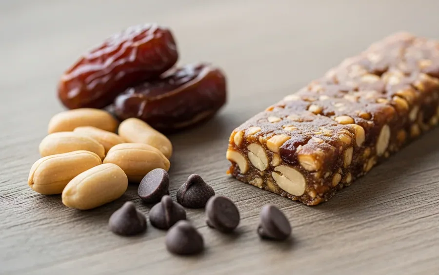 Батончик Larabar Peanut Butter Chocolate Chip з основними інгредієнтами на дерев'яній поверхні
