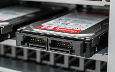Крупний план жорсткого диска Western Digital Red Plus SATA, встановленого в серверному або NAS-корпусі