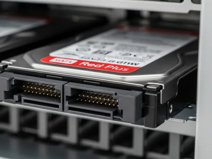 Крупний план жорсткого диска Western Digital Red Plus SATA, встановленого в серверному або NAS-корпусі