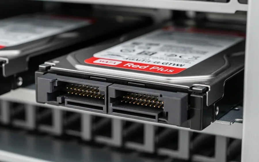 Крупний план жорсткого диска Western Digital Red Plus SATA, встановленого в серверному або NAS-корпусі