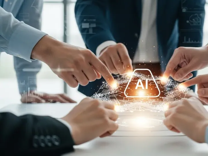 Крупний план рук, що спільно працюють над абстрактним зображенням моделі ШІ або каркаса агента, що світиться, символізуючи відкриту співпрацю та безпеку.