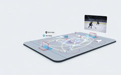 Концептуальна ілюстрація платформи LiveBarn Analytics, що поєднує відео молодіжного хокею з візуалізацією даних, таких як карти кидків та траєкторії руху гравців.
