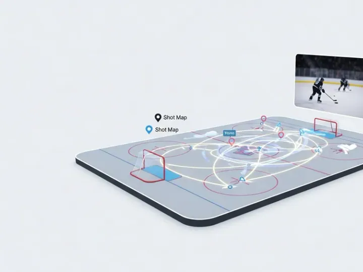 Концептуальна ілюстрація платформи LiveBarn Analytics, що поєднує відео молодіжного хокею з візуалізацією даних, таких як карти кидків та траєкторії руху гравців.
