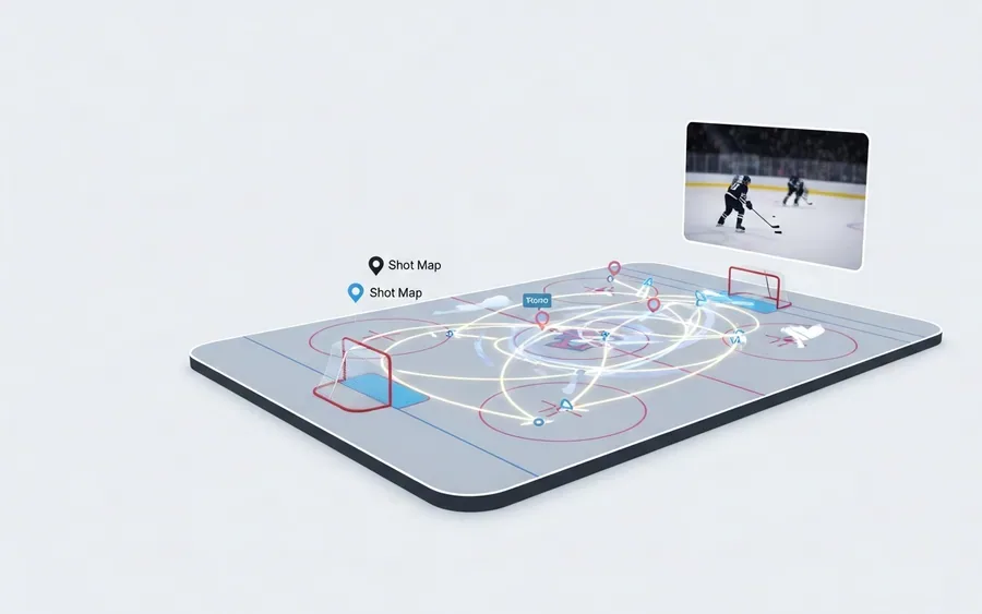 Концептуальна ілюстрація платформи LiveBarn Analytics, що поєднує відео молодіжного хокею з візуалізацією даних, таких як карти кидків та траєкторії руху гравців.